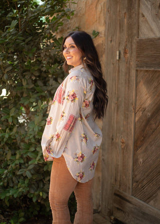 Floral Long - sleeved Top - Boutique Bella BellaButton - Up