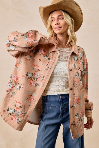 Floral Printed Fake Flap Pockets Oversized Shacket - Boutique Bella BellaShacket