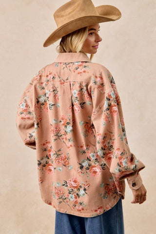 Floral Printed Fake Flap Pockets Oversized Shacket - Boutique Bella BellaShacket