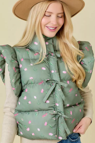 Floral Ruffled Puffer Vest - Boutique Bella BellaPuffer Vest