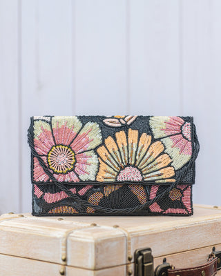 Flowers of the Night Black Sequin Clutch - Boutique Bella BellaBAGS
