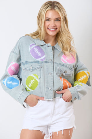 Football Towel and Sequin Embroidery Denim Jacket - Boutique Bella Belladenim jacket