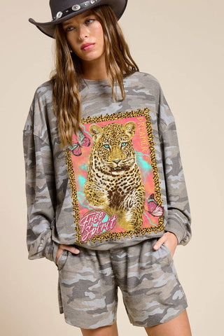 Free Spirit Dreamer Leopard Graphic Camo French Terry Pullover - Boutique Bella BellaPullover