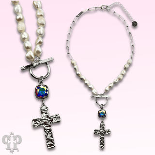 Freshwater pearl and cross neckace with Austrian crystal - Boutique Bella BellaNecklaces