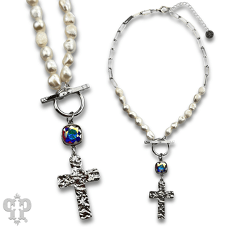 Freshwater pearl and cross neckace with Austrian crystal - Boutique Bella BellaNecklaces