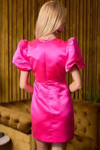 Fuchsia Luxurious Bow Puff Sleeve Dress - Boutique Bella BellaDress