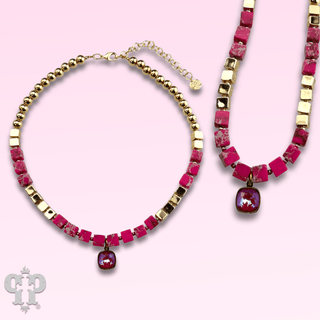 Fuchsia square bead necklace, Austrian crystal - LC - Boutique Bella BellaNecklaces
