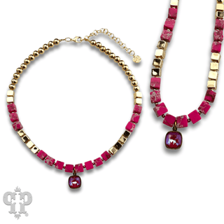 Fuchsia square bead necklace, Austrian crystal - LC - Boutique Bella BellaNecklaces