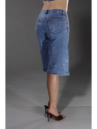 Full Rhinestone Bermuda's in Medium Blue - Boutique Bella BellaShorts