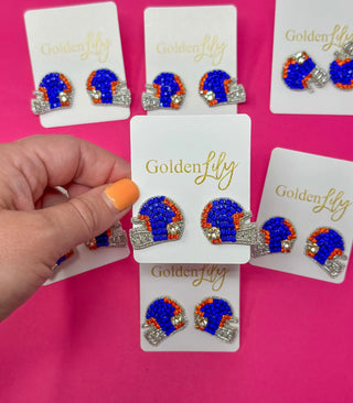 Game Day Helmet Stud Earrings -Orange and Blue - Boutique Bella BellaEarrings