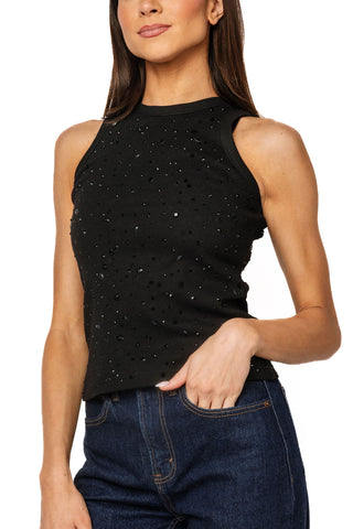 QOS Black Tonal Rhinestone Tank