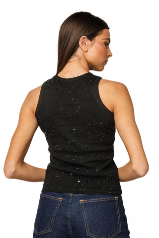 QOS Black Tonal Rhinestone Tank
