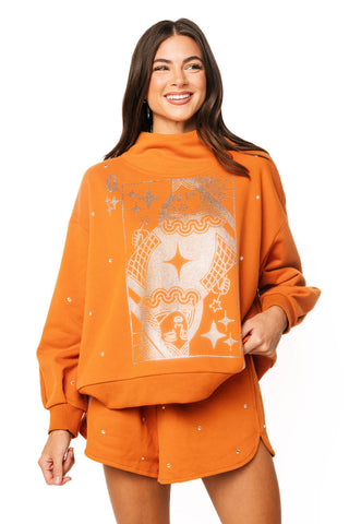 QOS Burnt Orange Scattered Jewel QOS Card Logo Mock Neck Sweatshirt