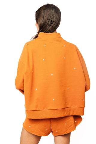 QOS Burnt Orange Scattered Jewel QOS Card Logo Mock Neck Sweatshirt