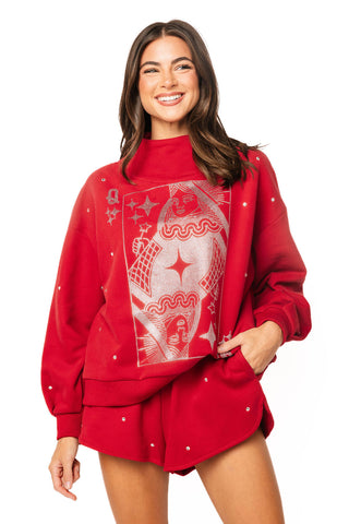 QOS Crimson Scattered Jewel QOS Card Logo Mock Neck Sweatshirt