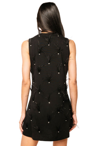 QOS Black Sequin Tiger Face Rhinestone Feather Tank Dress