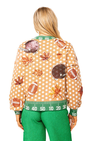 QOS Light Brown Polka Dot Fall Football Button Up Cardigan