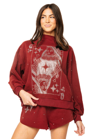 QOS Maroon & Grey Scattered Jewel QOS Card Logo Mock Neck Sweatshirt