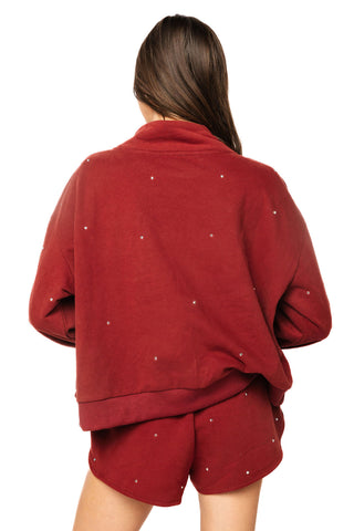 QOS Maroon & Grey Scattered Jewel QOS Card Logo Mock Neck Sweatshirt
