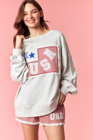 Gingham Check 'USA' Patch Lace Sweatshirt - Boutique Bella BellaShorts