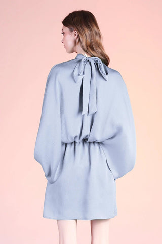 Glacier Blue Satin Mock Neck Caftan Mini Dress - Boutique Bella BellaDress