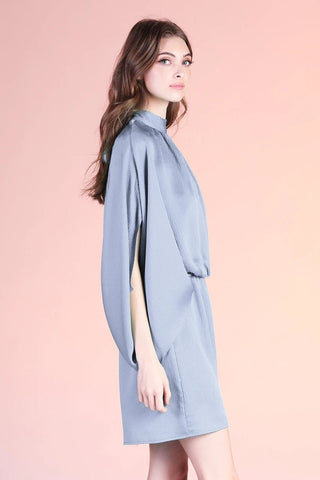 Glacier Blue Satin Mock Neck Caftan Mini Dress - Boutique Bella BellaDress