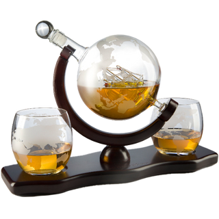 World Decanter With 2 Glasses Globe Premium Barware Gift Elegant Drinkware Collection
