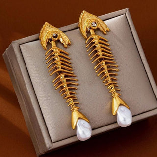 Gold Fishbone Design Long Earrings - Boutique Bella BellaEarrings