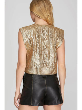 Gold Metallic Cable Knit Crop Sweater - Boutique Bella BellaSweater Top