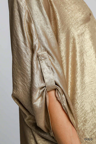 Gold Metallic Foil Fabric Oversized Top Button Sleeves - Boutique Bella BellaTops