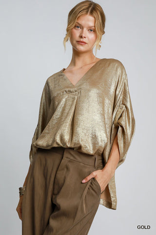 Gold Metallic Foil Fabric Oversized Top Button Sleeves - Boutique Bella BellaTops