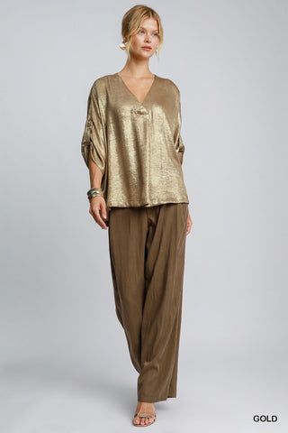 Gold Metallic Foil Fabric Oversized Top Button Sleeves - Boutique Bella BellaTops