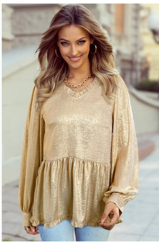 Gold Metallic Frilled V Neck Babydoll Blouse - Boutique Bella Belladressy top