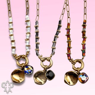 Gold paperclip chain and square glass bead necklace with Austrian crystal - Boutique Bella BellaNecklaces