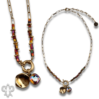 Gold paperclip chain and square glass bead necklace with Austrian crystal - Boutique Bella BellaNecklaces