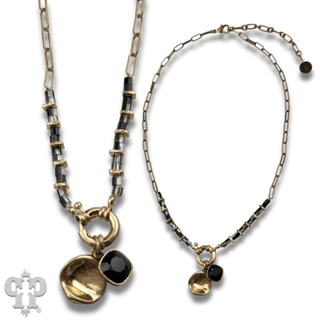 Gold paperclip chain and square glass bead necklace with Austrian crystal - Boutique Bella BellaNecklaces