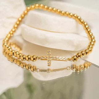 Gold Rush Cross Beaded Stretch Bracelet - Boutique Bella BellaBracelets