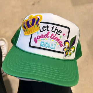 Good Times Roll Mardi Gras White And Kelly Green Trucker Hat - Boutique Bella BellaTrucker Hat