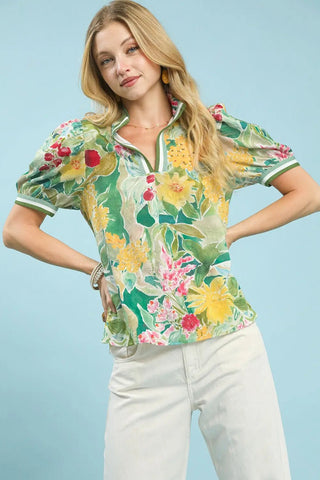 Green Mix Jacquard Bloomscape Print Top - Boutique Bella Bellatop