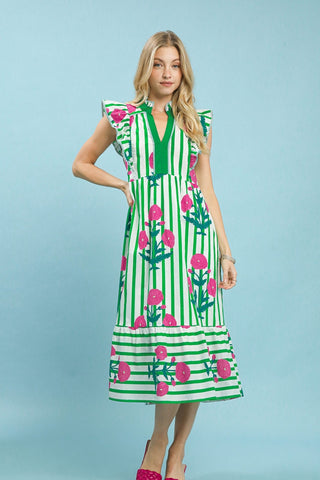 Green Mix Striped Floral Dress - Boutique Bella Belladress