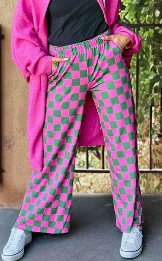 Green & Pink Checkered Wide Leg Pants - Boutique Bella BellaLounge Pants