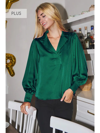 Green Satin Blouse/w Cuff - Boutique Bella BellaCasual Top