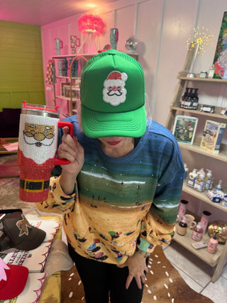 Green Sparkle Santa Face Trucker Hat - Boutique Bella Bellatrucker hat