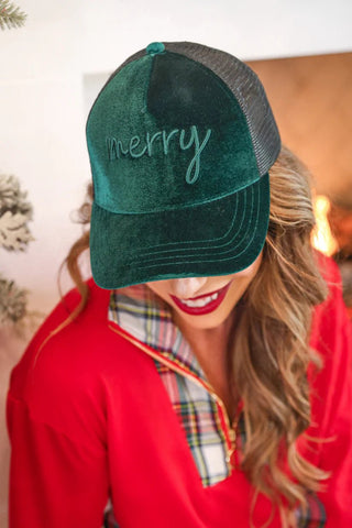 Green Velvet "Merry" Trucker Hat - Boutique Bella Bellatrucker hat