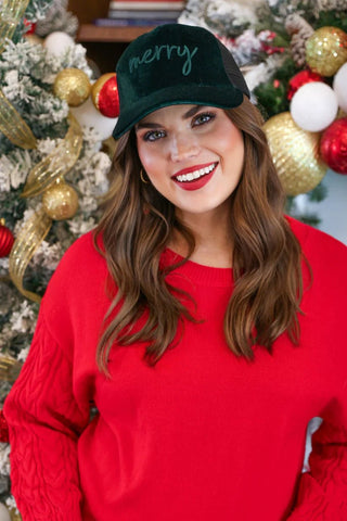 Green Velvet "Merry" Trucker Hat - Boutique Bella Bellatrucker hat