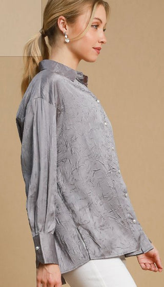 Grey Long Sleeve Crinkled Shirt - Boutique Bella BellaTops