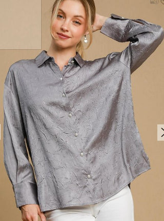 Grey Long Sleeve Crinkled Shirt - Boutique Bella BellaTops