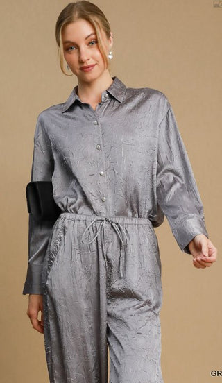 Grey Long Sleeve Crinkled Shirt - Boutique Bella BellaTops