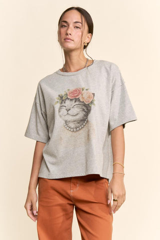 Grey Purrs & Petals Graphic Tee - Boutique Bella BellaTops