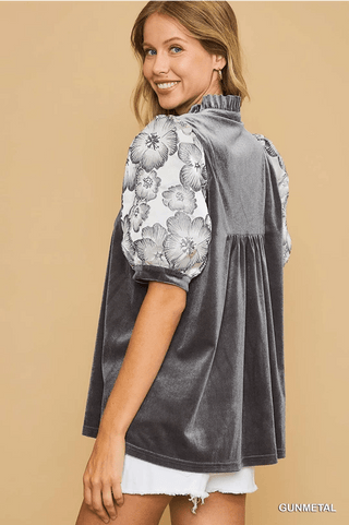 Gunmetal Floral Jacquard Contrast Sleeve Top - Boutique Bella Belladressy top